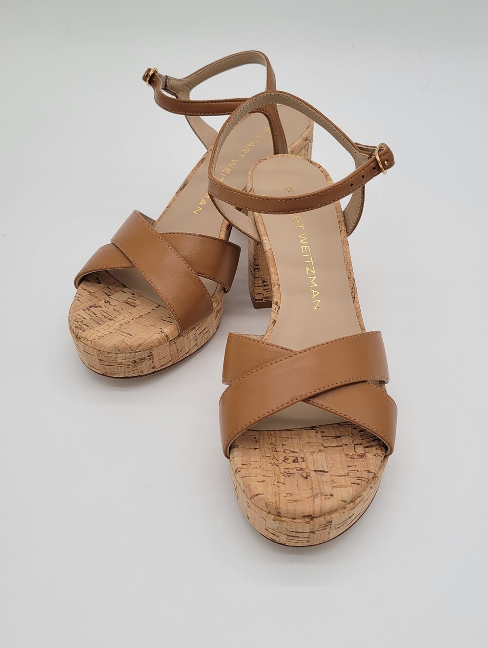 NWOT Stuart Weitzman Cognac Leather Cork Wedge Sandals